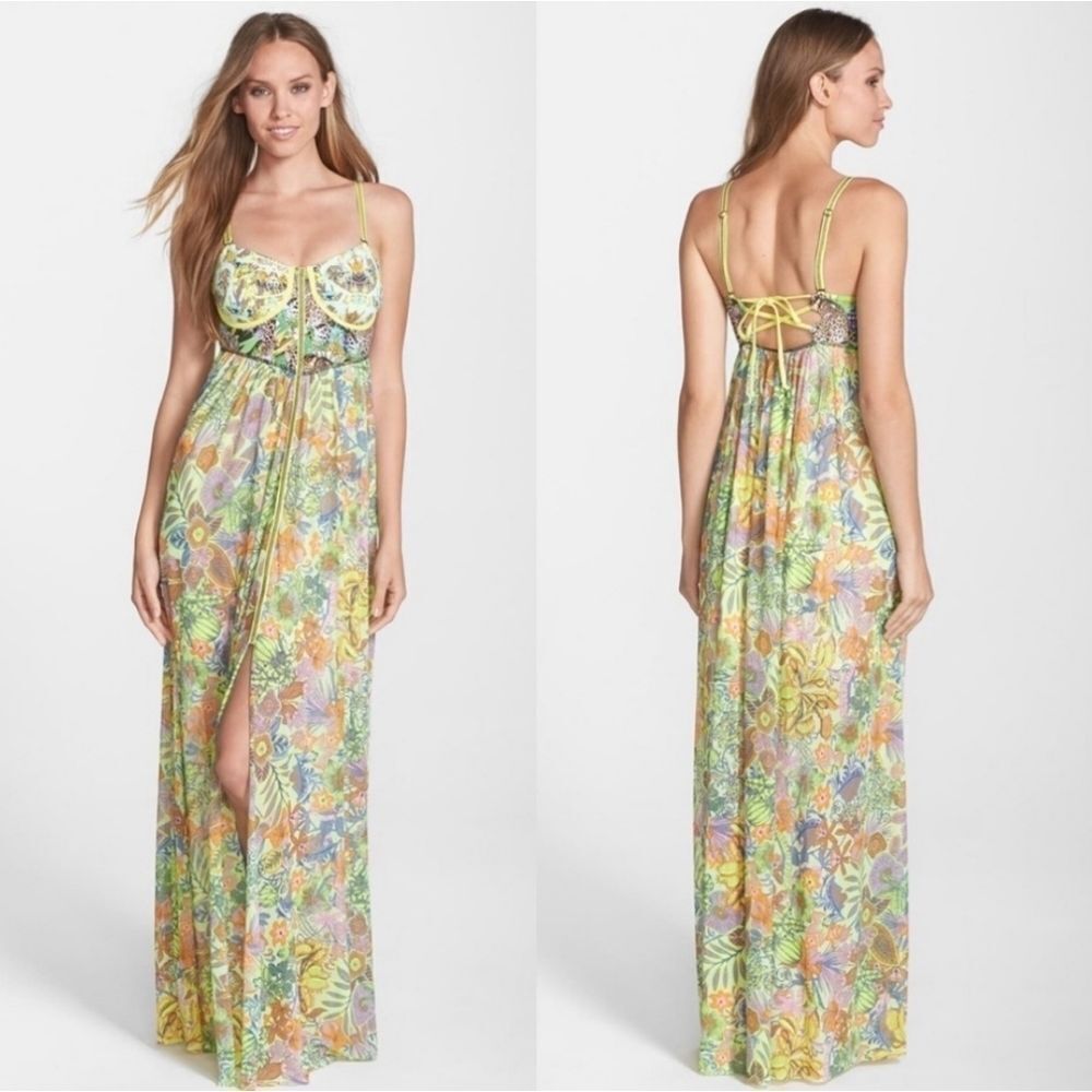 Maaji Honey Pot‎ Multicolor Floral Bustier High Slit Maxi Dress Medium - Picture 2 of 13